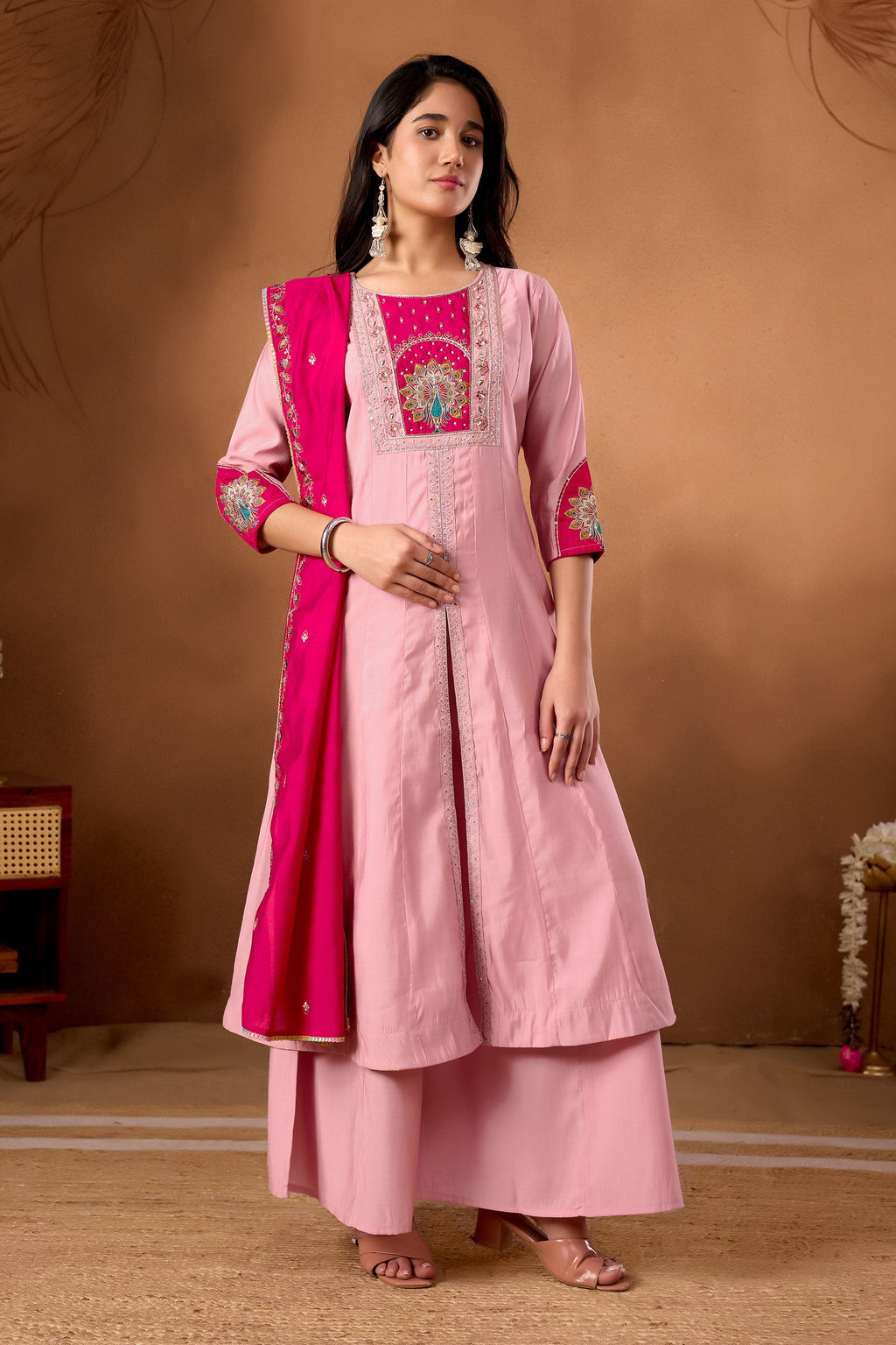 Lorenvalley Fashion Pink Roman Silk Multi Embroidery Thread With Beautiful Hand Work Kurta Palazzo Dupatta | Grocsy