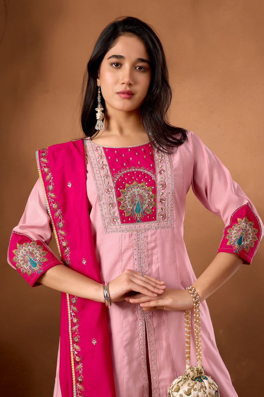 Lorenvalley Fashion Pink Roman Silk Multi Embroidery Thread With Beautiful Hand Work Kurta Palazzo Dupatta | Grocsy