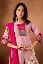 Lorenvalley Fashion Pink Roman Silk Multi Embroidery Thread With Beautiful Hand Work Kurta Palazzo Dupatta | Grocsy