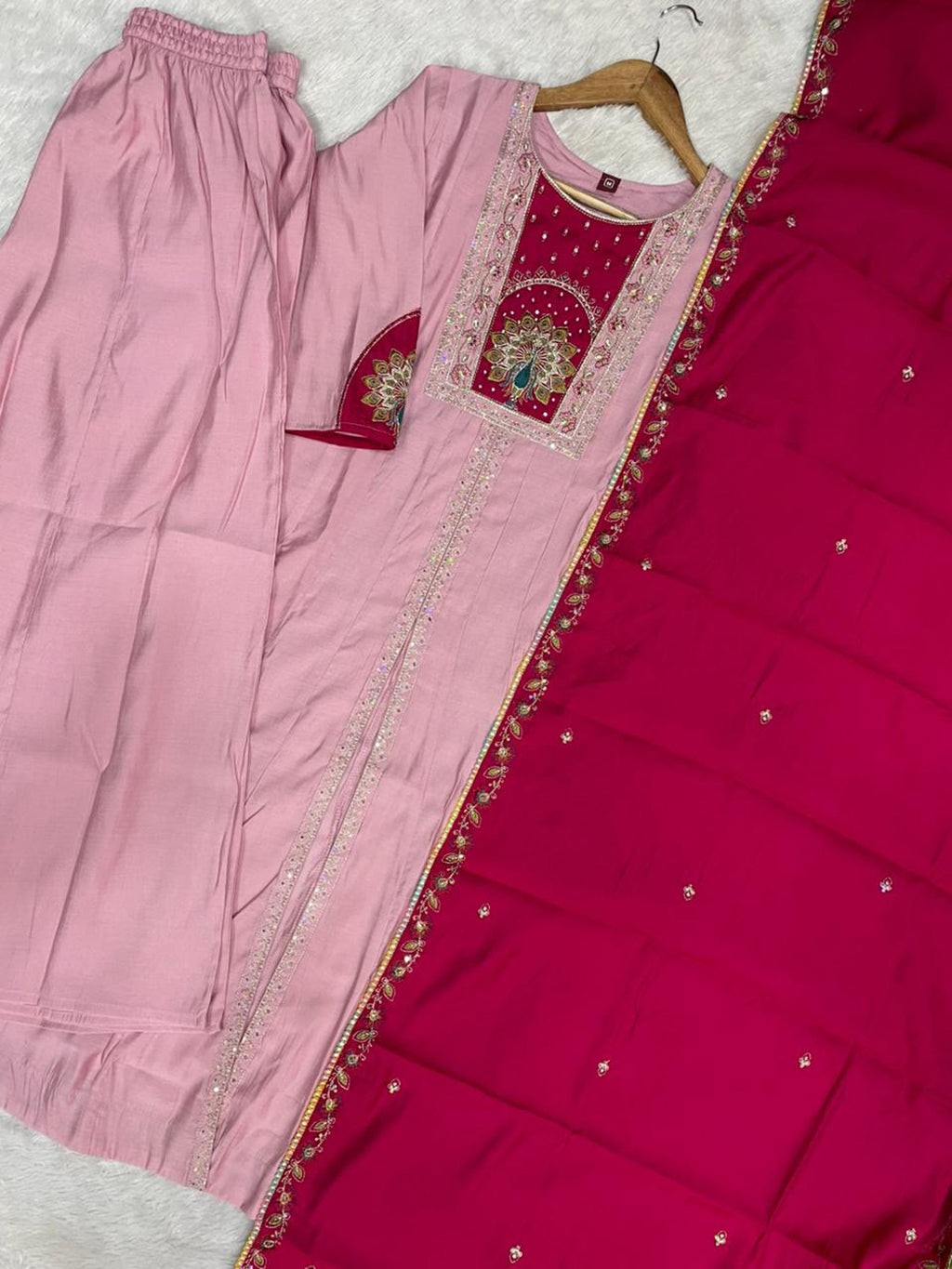 Lorenvalley Fashion Pink Roman Silk Multi Embroidery Thread With Beautiful Hand Work Kurta Palazzo Dupatta | Grocsy