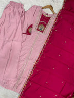 Lorenvalley Fashion Pink Roman Silk Multi Embroidery Thread With Beautiful Hand Work Kurta Palazzo Dupatta | Grocsy