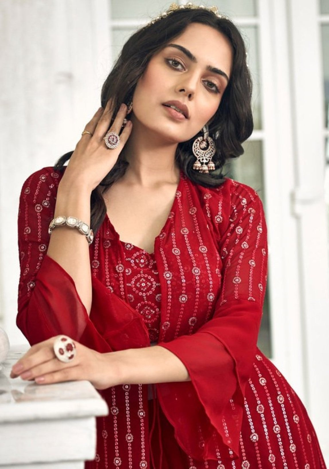 Anaita Red Georgette Stitched Shrug Suit With Sequence Thread Work | Grocsy