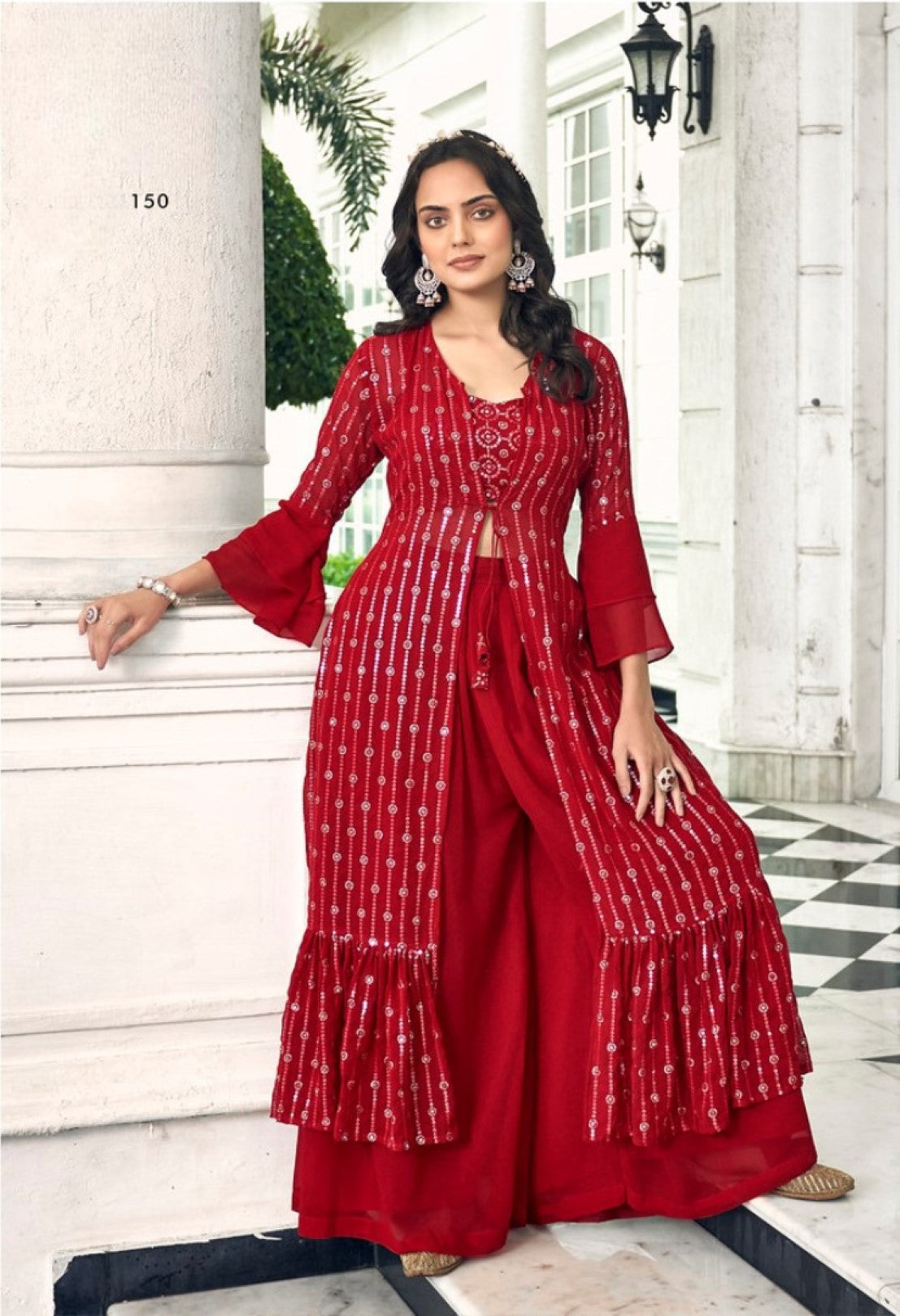 Anaita Red Georgette Stitched Shrug Suit With Sequence Thread Work | Grocsy