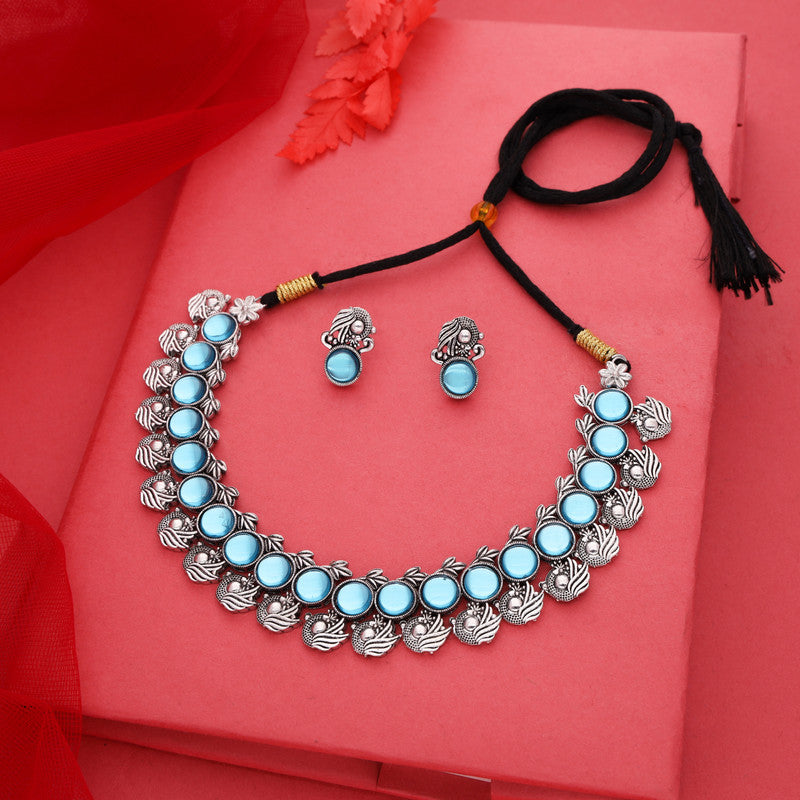 Tehzeeb Creations Silver Plated Sky Blue Colour Stone Jewellery Choker Necklace Set With Matching Pair of Stud Earrings | Grocsy