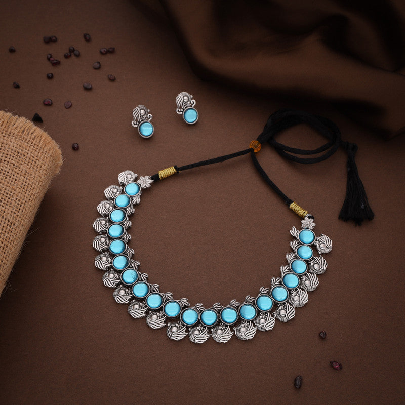 Tehzeeb Creations Silver Plated Sky Blue Colour Stone Jewellery Choker Necklace Set With Matching Pair of Stud Earrings | Grocsy