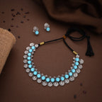 Tehzeeb Creations Silver Plated Sky Blue Colour Stone Jewellery Choker Necklace Set With Matching Pair of Stud Earrings | Grocsy