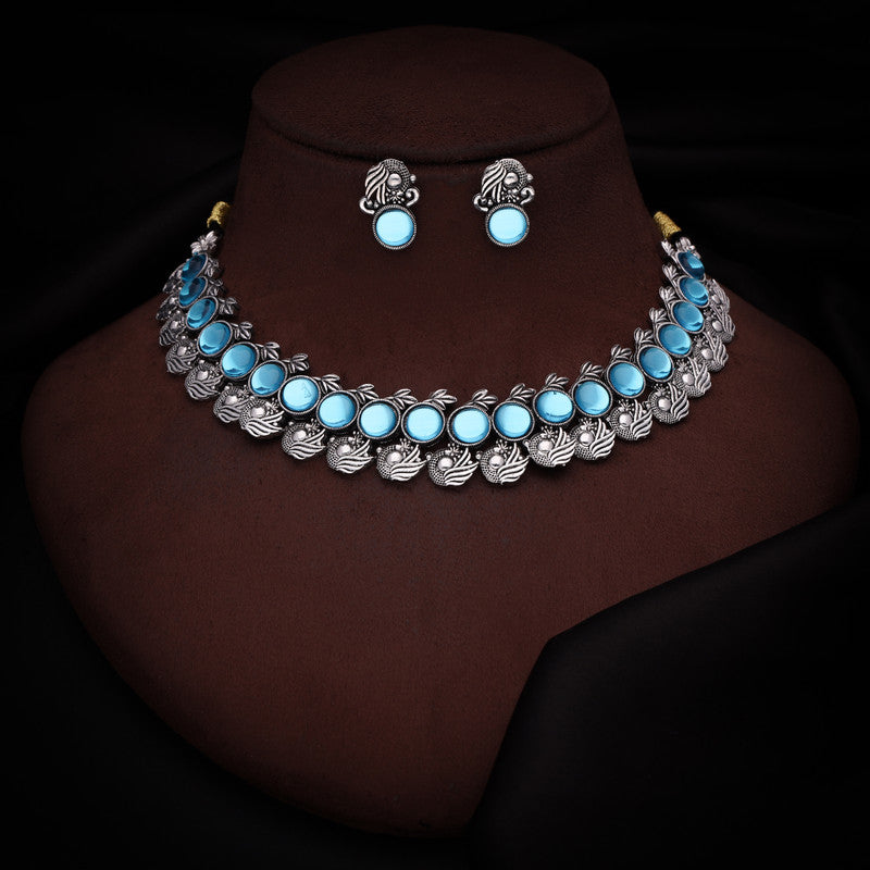 Tehzeeb Creations Silver Plated Sky Blue Colour Stone Jewellery Choker Necklace Set With Matching Pair of Stud Earrings | Grocsy