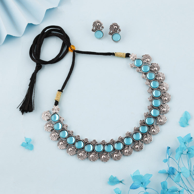 Tehzeeb Creations Silver Plated Sky Blue Colour Stone Jewellery Choker Necklace Set With Matching Pair of Stud Earrings | Grocsy