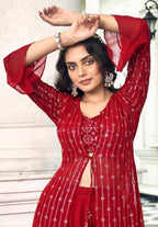 Anaita Red Georgette Stitched Shrug Suit With Sequence Thread Work | Grocsy
