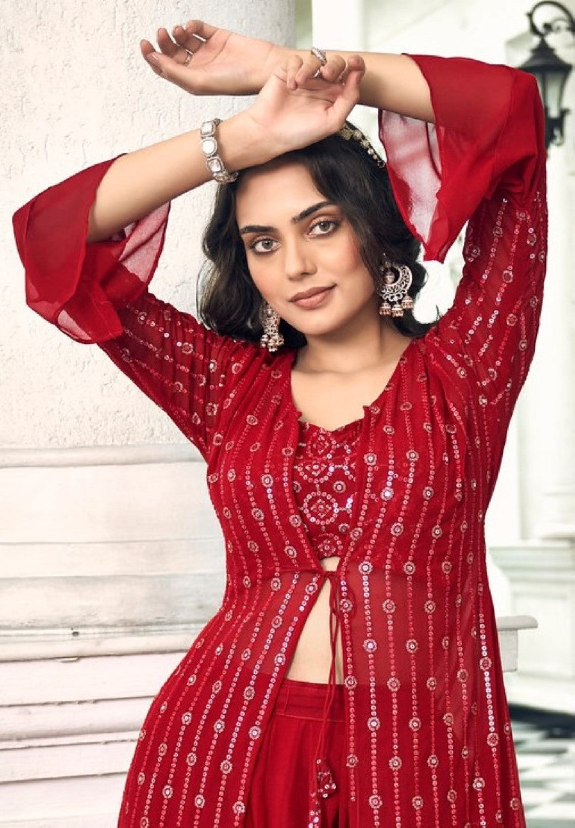 Anaita Red Georgette Stitched Shrug Suit With Sequence Thread Work | Grocsy