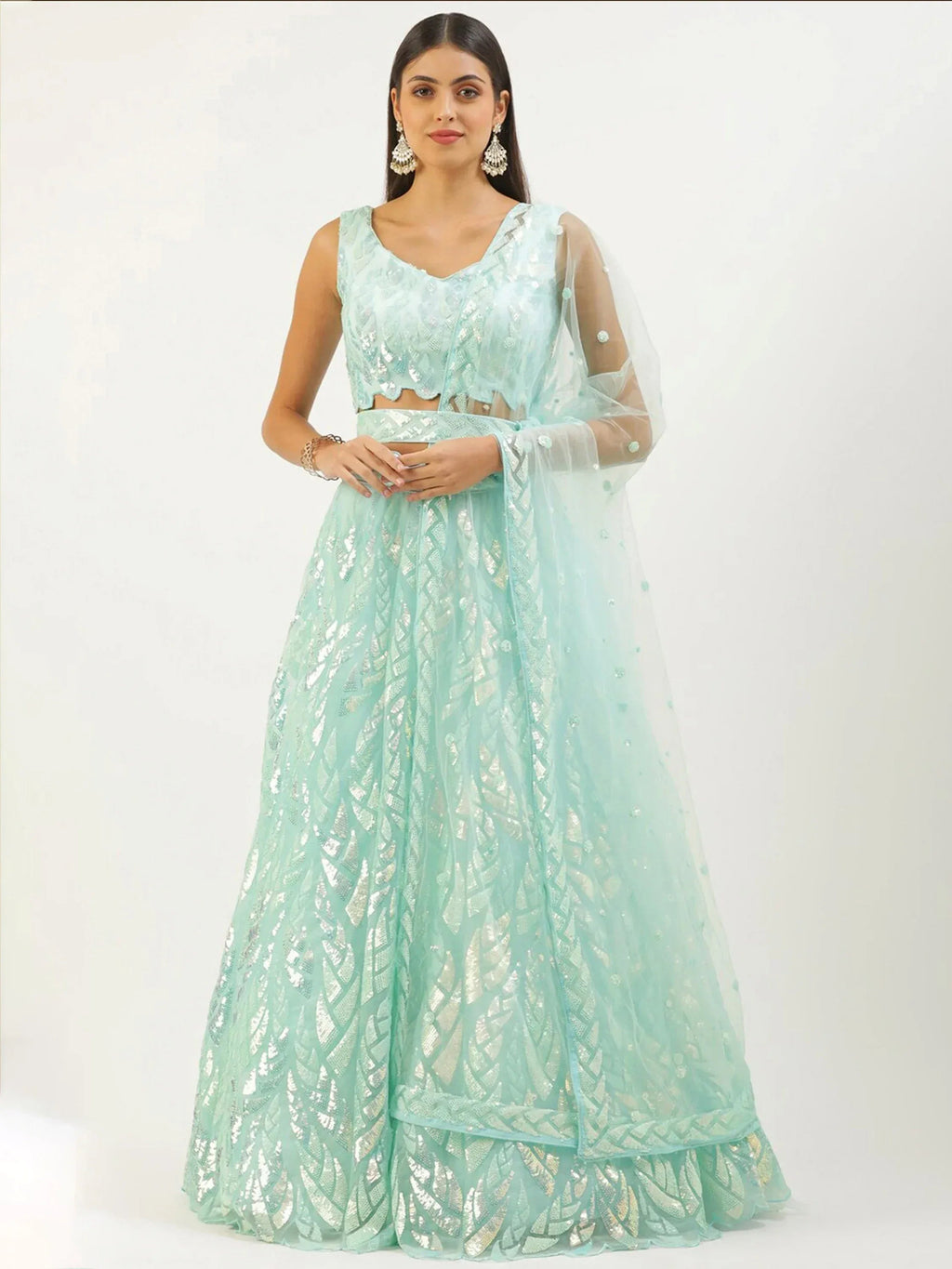 Tulsi Art Outstanding Sky Blue Sequins Net Lehenga Choli With Dupatta | Grocsy