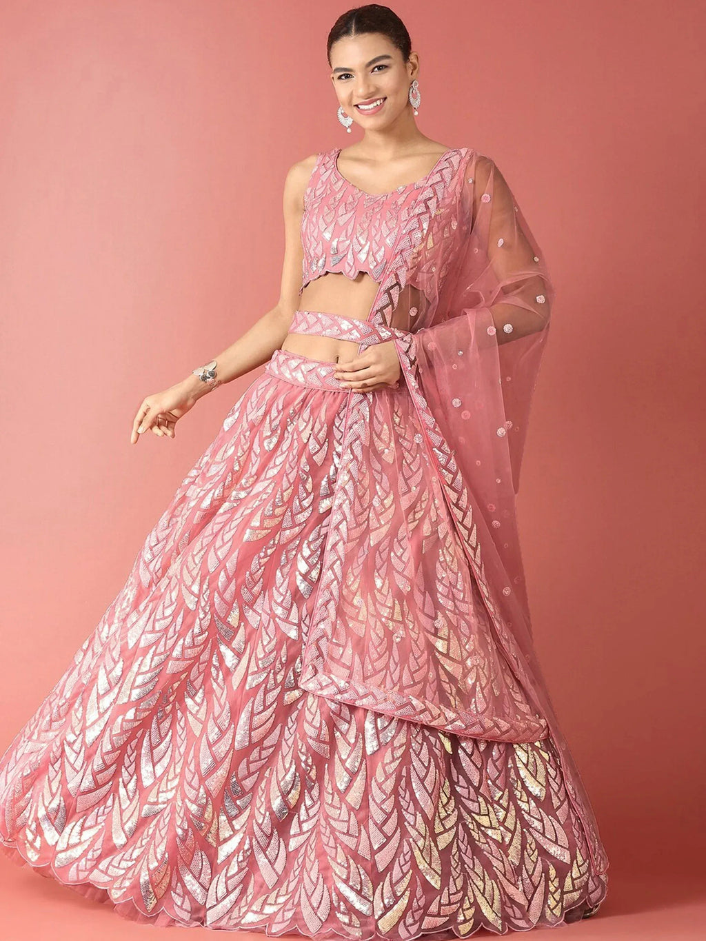Tulsi Art Fantastic Pink Sequins Net Reception Wear Lehenga Choli With Dupatta | Grocsy