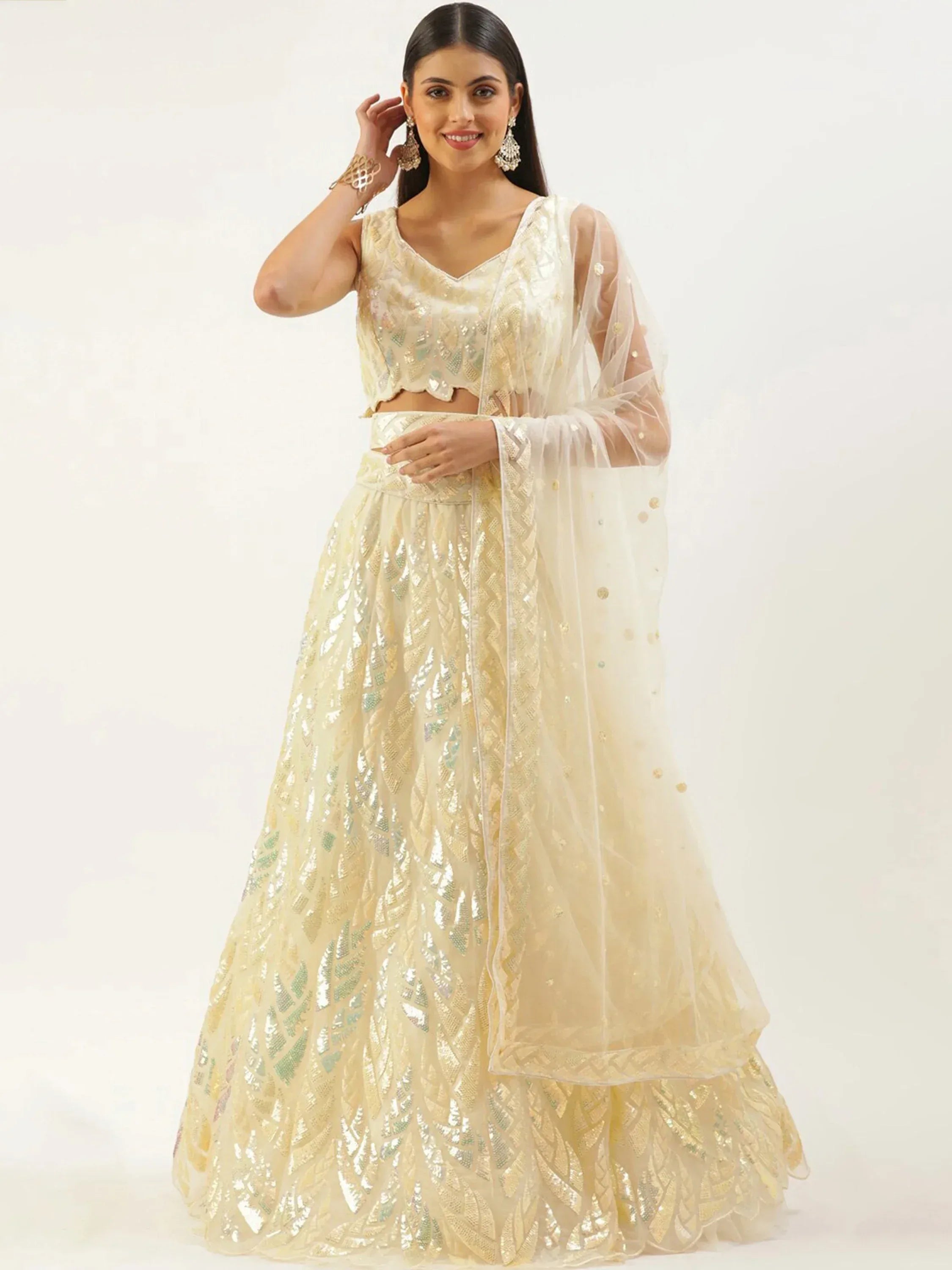 Tulsi Art Attractive Beige Sequins Net Wedding Wear Lehenga Choli With Dupatta | Grocsy