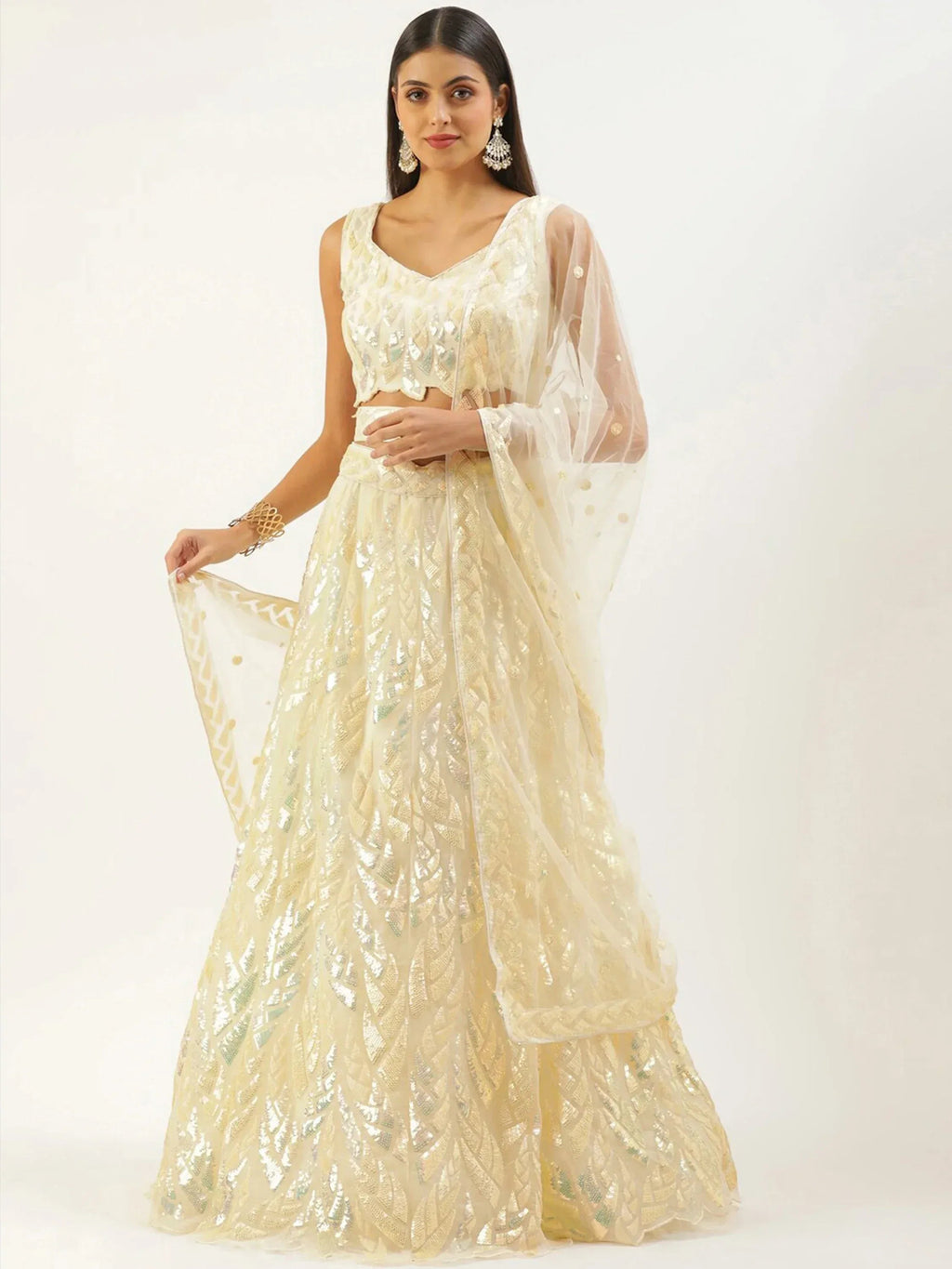 Tulsi Art Attractive Beige Sequins Net Wedding Wear Lehenga Choli With Dupatta | Grocsy