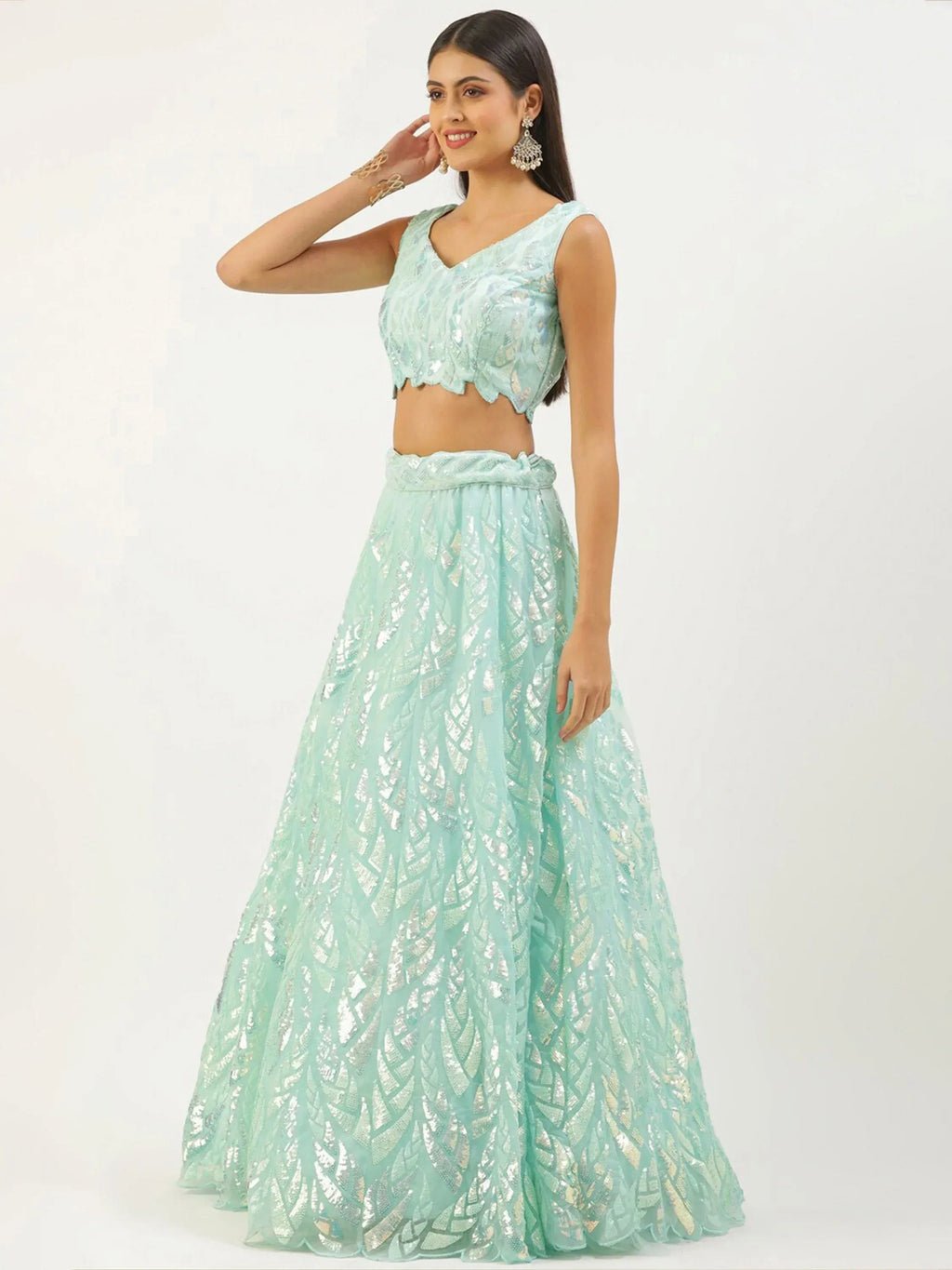 Tulsi Art Outstanding Sky Blue Sequins Net Lehenga Choli With Dupatta | Grocsy