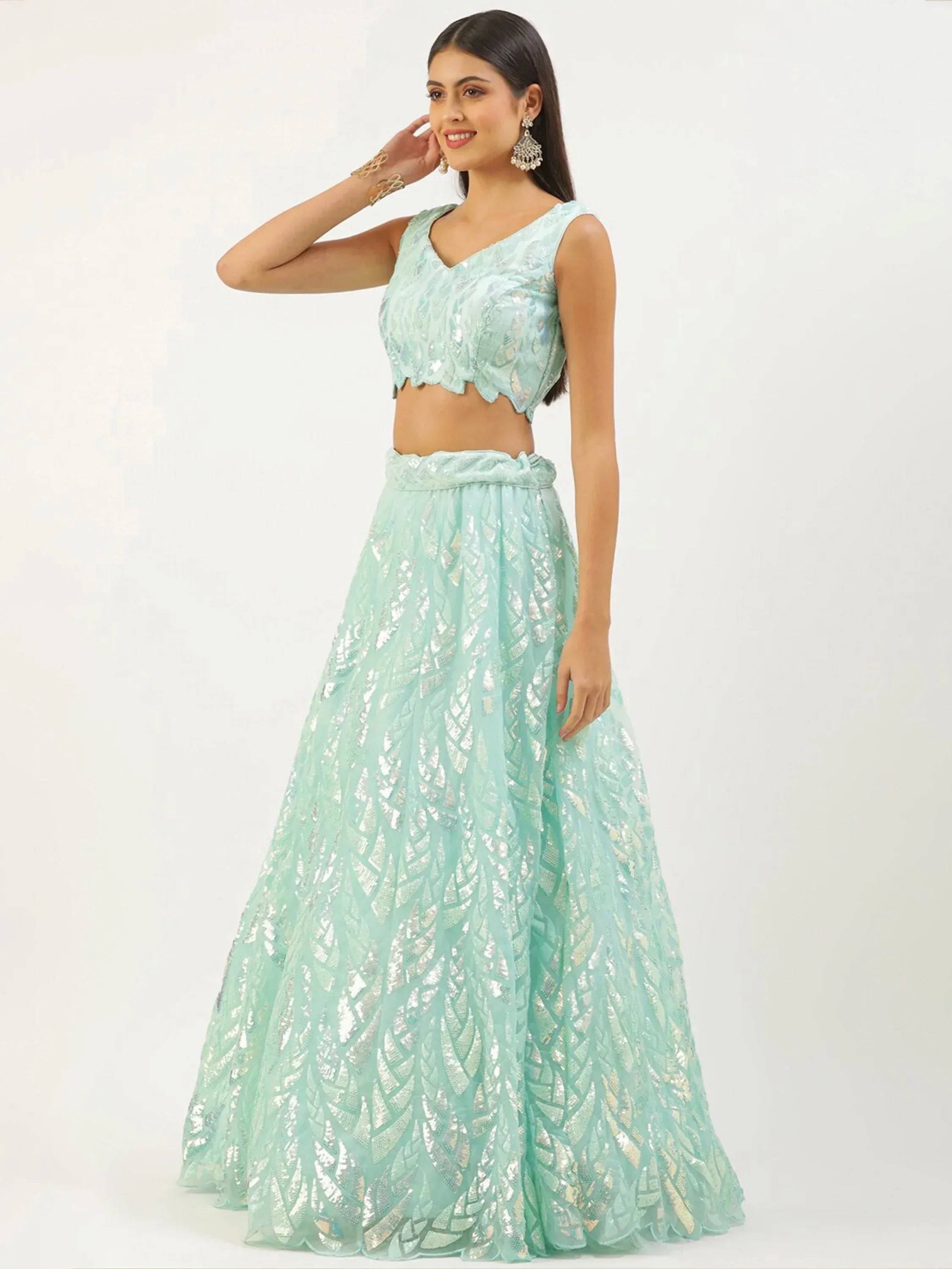 Tulsi Art Outstanding Sky Blue Sequins Net Lehenga Choli With Dupatta | Grocsy