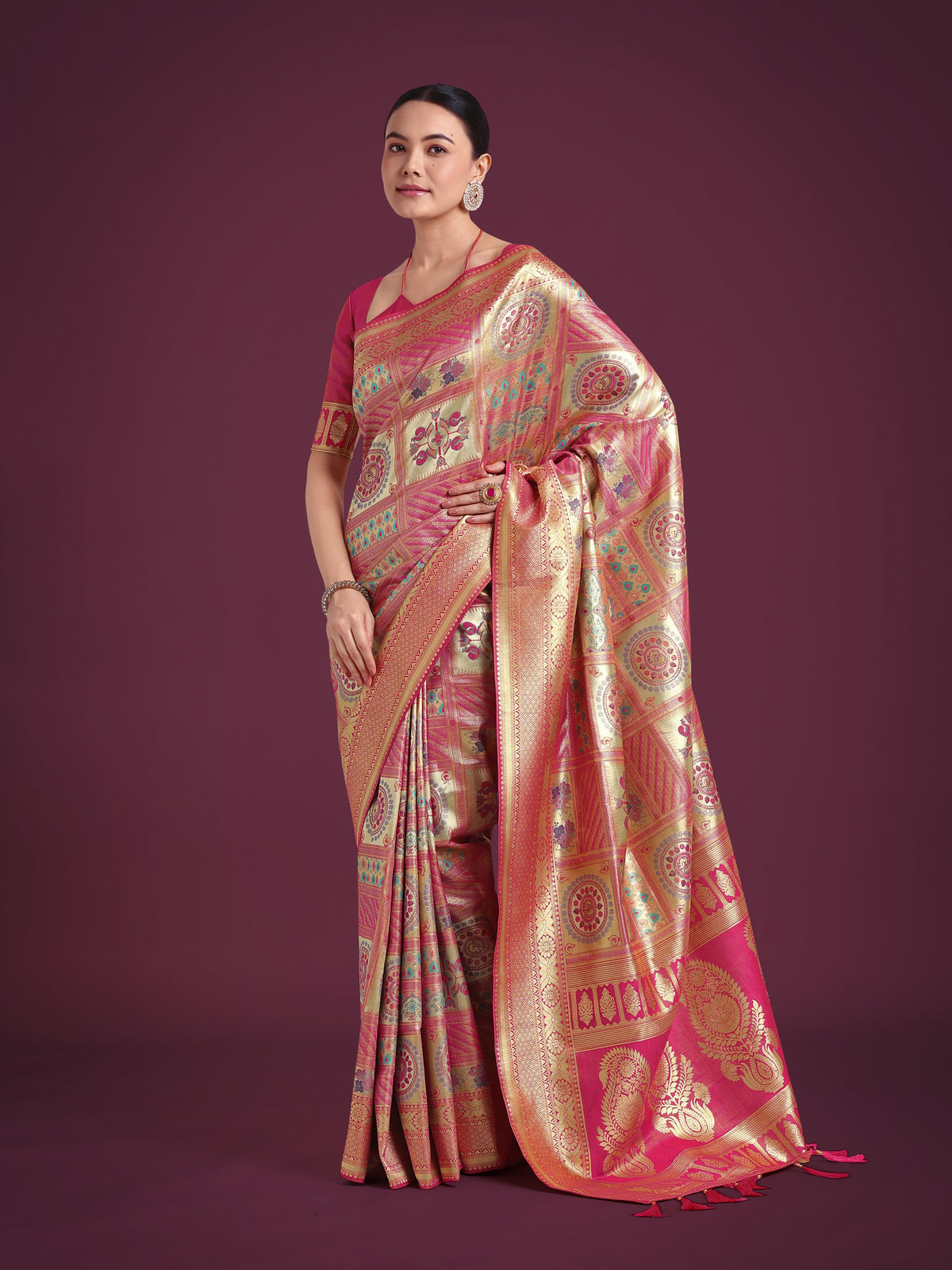 Monjolika Fashion Charming Rani Pink and Gold Soft Banarasi satin Silk Saree With Pretty Blouse Piece | Grocsy