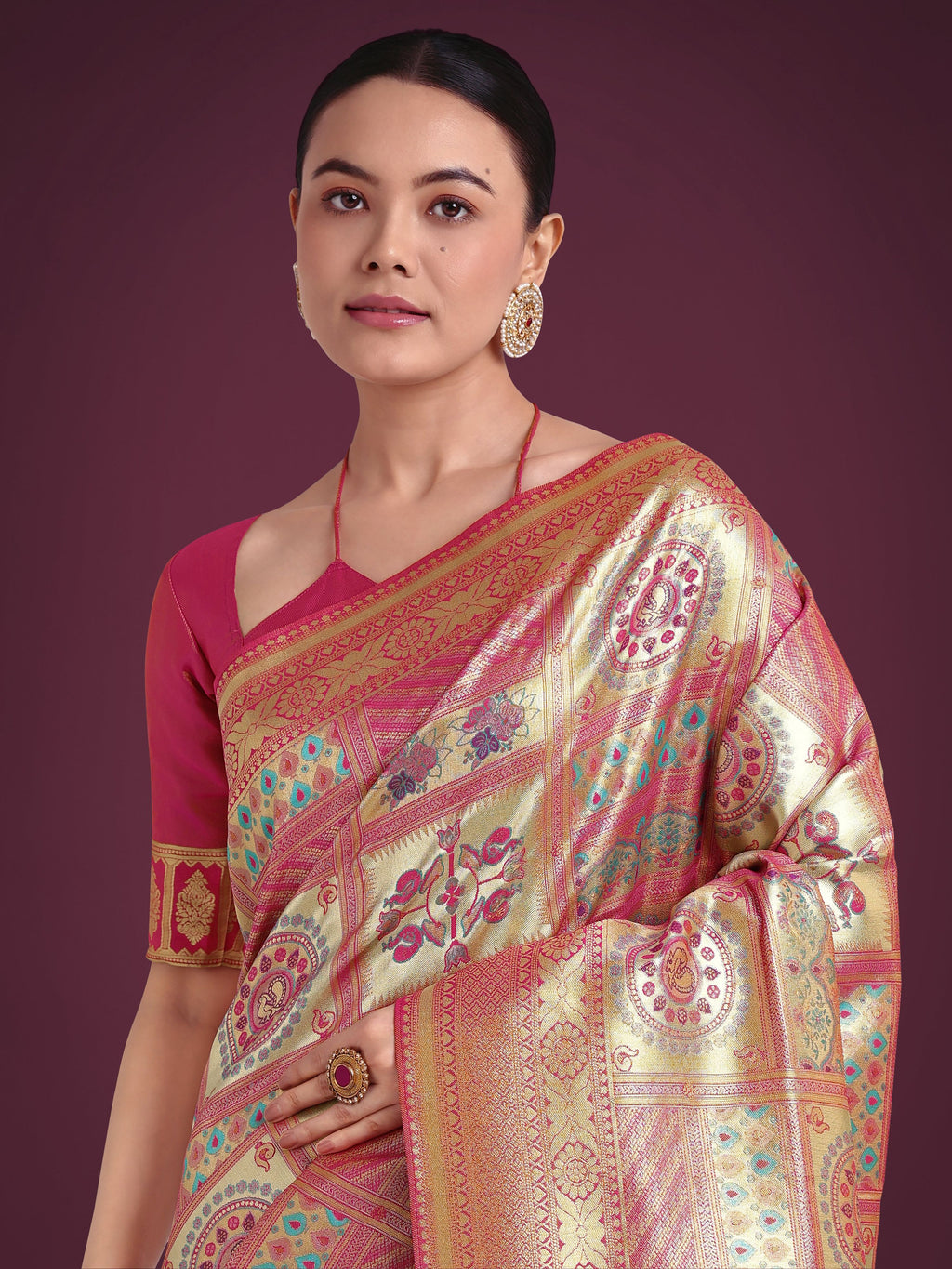 Monjolika Fashion Charming Rani Pink and Gold Soft Banarasi satin Silk Saree With Pretty Blouse Piece | Grocsy