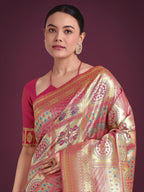 Monjolika Fashion Charming Rani Pink and Gold Soft Banarasi satin Silk Saree With Pretty Blouse Piece | Grocsy