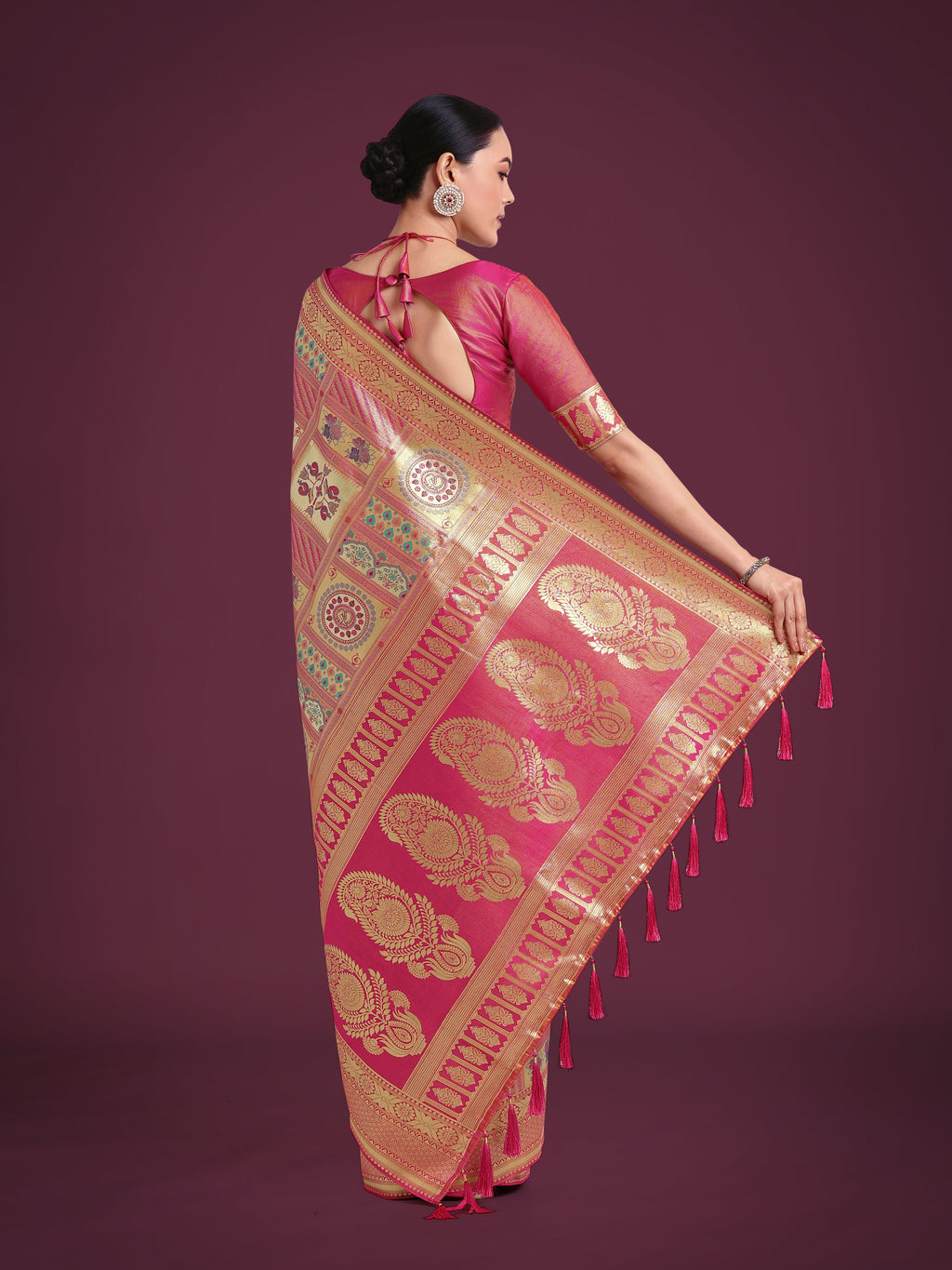 Monjolika Fashion Charming Rani Pink and Gold Soft Banarasi satin Silk Saree With Pretty Blouse Piece | Grocsy