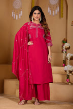 Lorenvalley Fashion Ranipink Viscose Mango Silk Multi Embroidery Thread with Hand Work Kurta Palazzo Dupatta | Grocsy