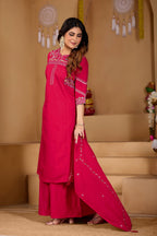 Lorenvalley Fashion Ranipink Viscose Mango Silk Multi Embroidery Thread with Hand Work Kurta Palazzo Dupatta | Grocsy