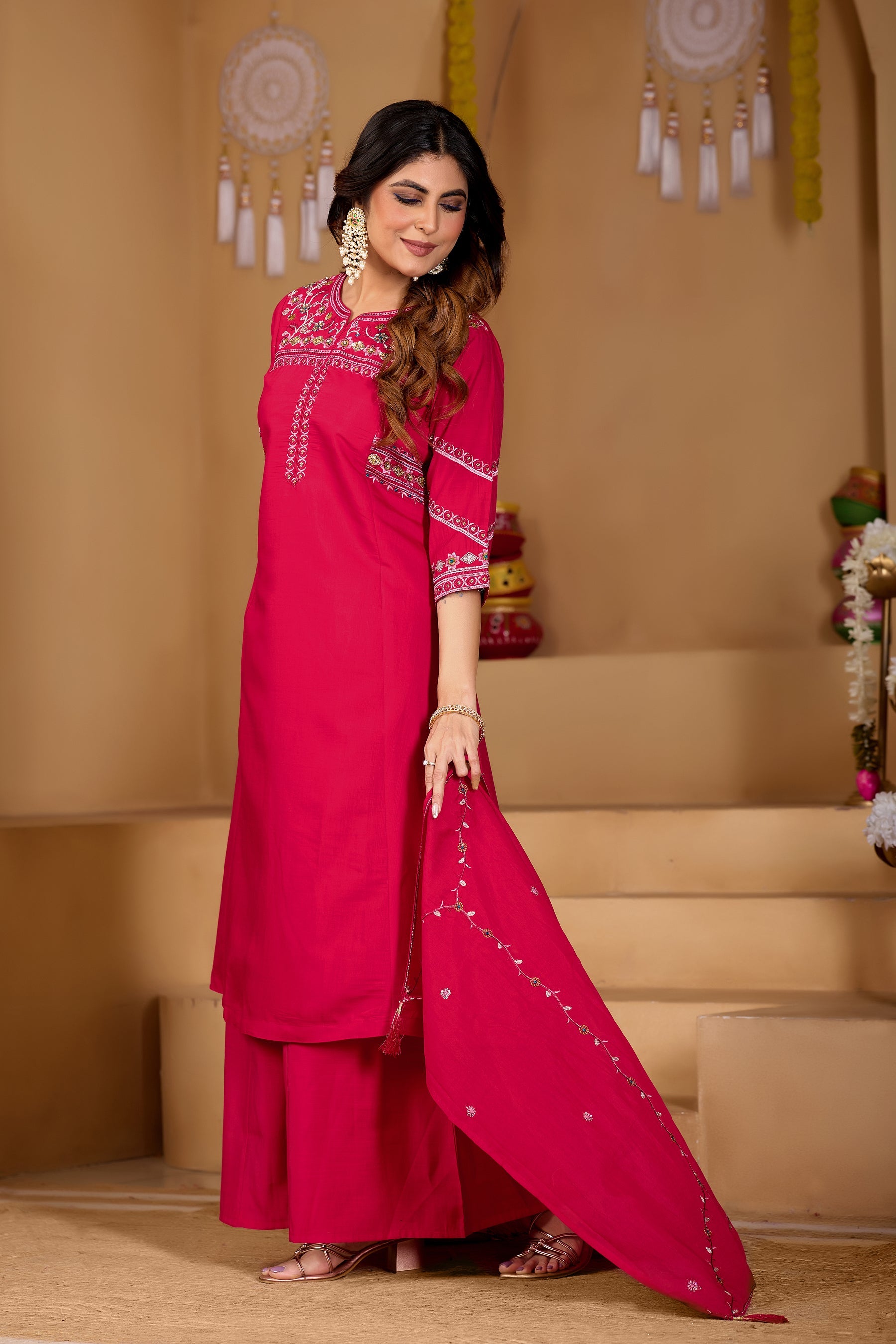 Lorenvalley Fashion Ranipink Viscose Mango Silk Multi Embroidery Thread with Hand Work Kurta Palazzo Dupatta | Grocsy