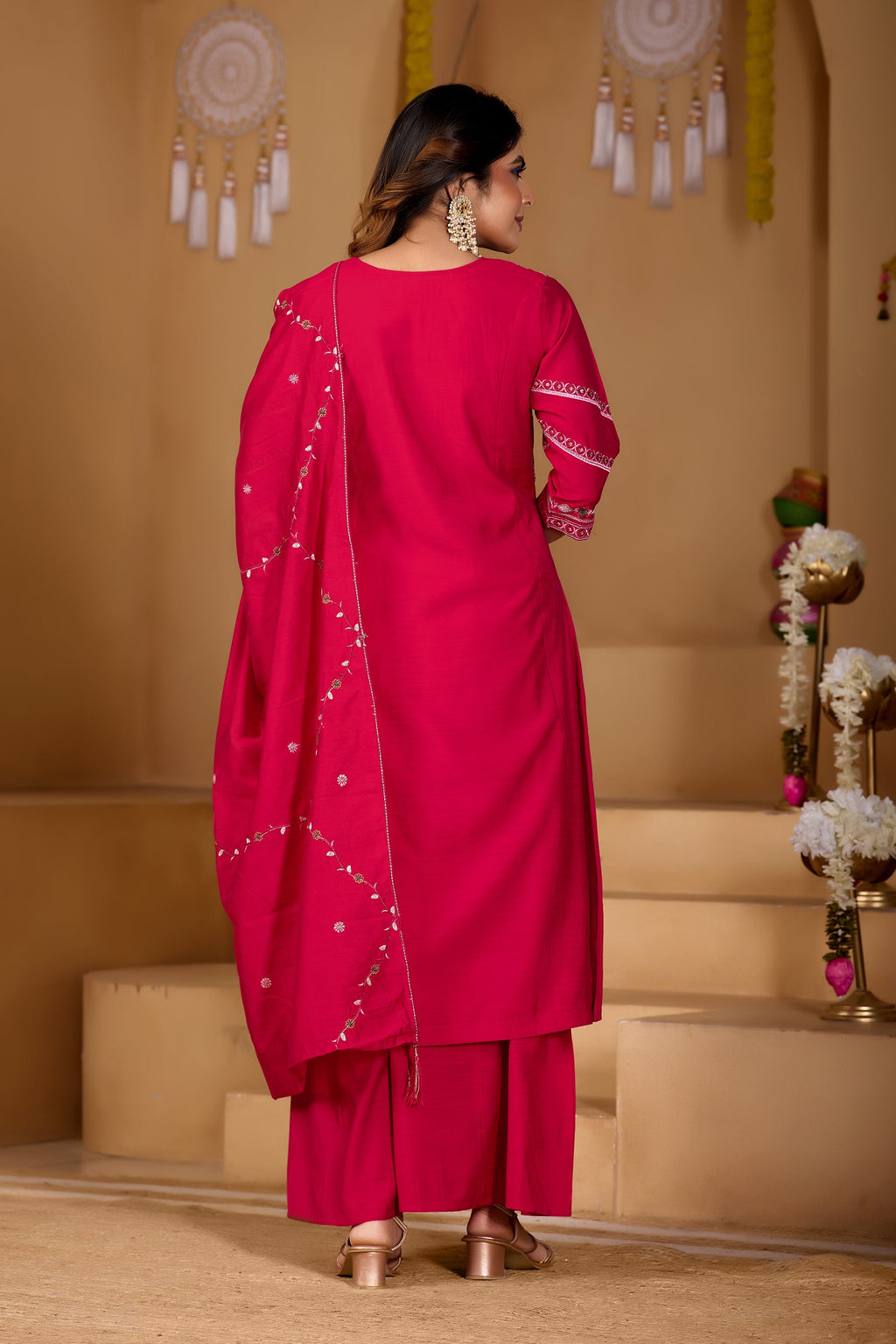 Lorenvalley Fashion Ranipink Viscose Mango Silk Multi Embroidery Thread with Hand Work Kurta Palazzo Dupatta | Grocsy