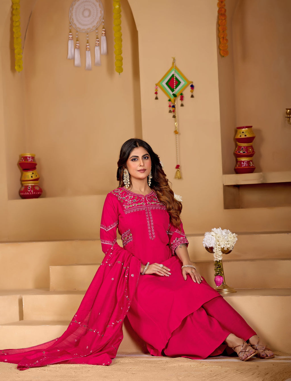 Lorenvalley Fashion Ranipink Viscose Mango Silk Multi Embroidery Thread with Hand Work Kurta Palazzo Dupatta | Grocsy