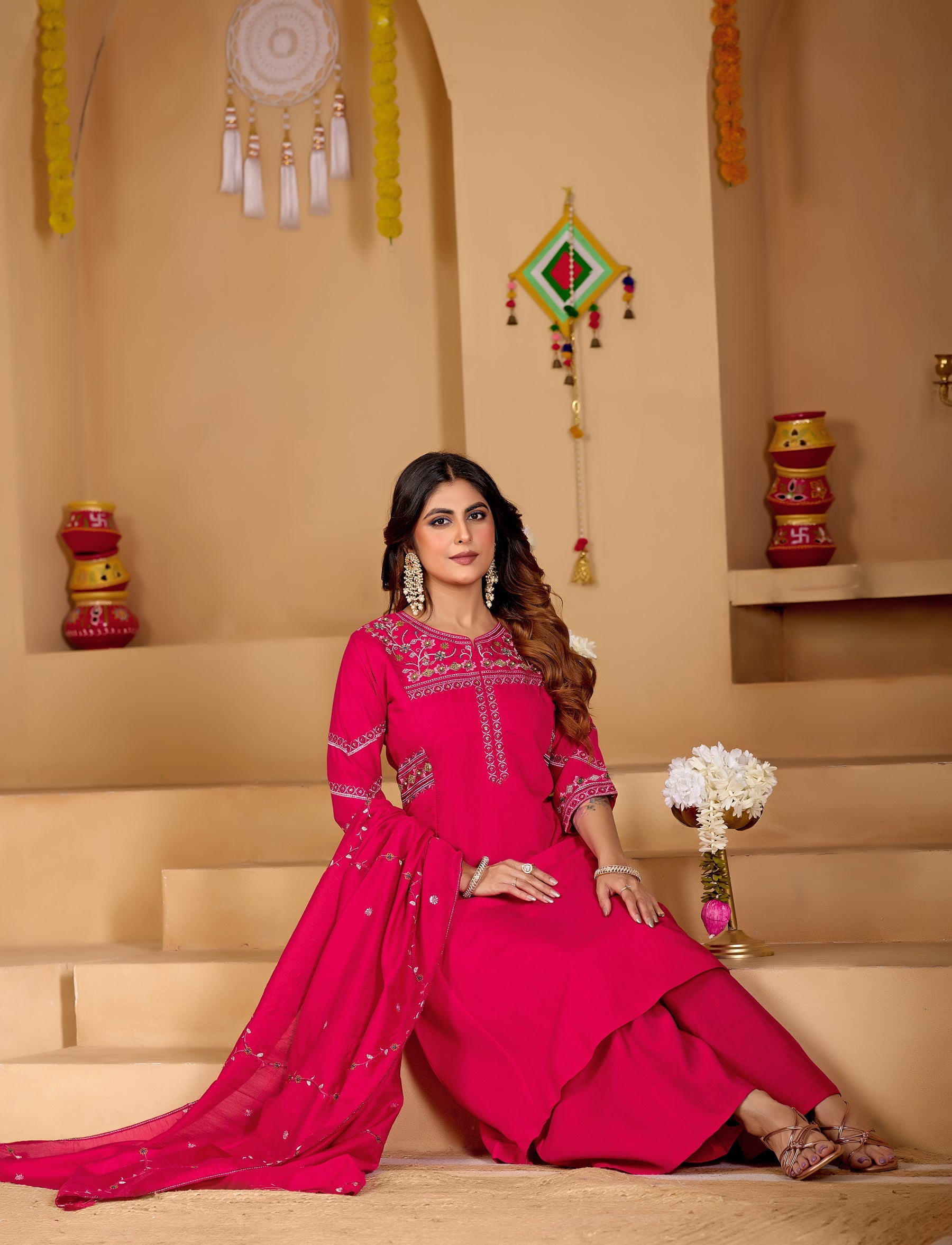 Lorenvalley Fashion Ranipink Viscose Mango Silk Multi Embroidery Thread with Hand Work Kurta Palazzo Dupatta | Grocsy