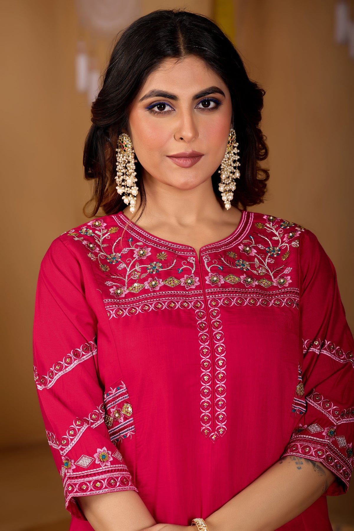 Lorenvalley Fashion Ranipink Viscose Mango Silk Multi Embroidery Thread with Hand Work Kurta Palazzo Dupatta | Grocsy
