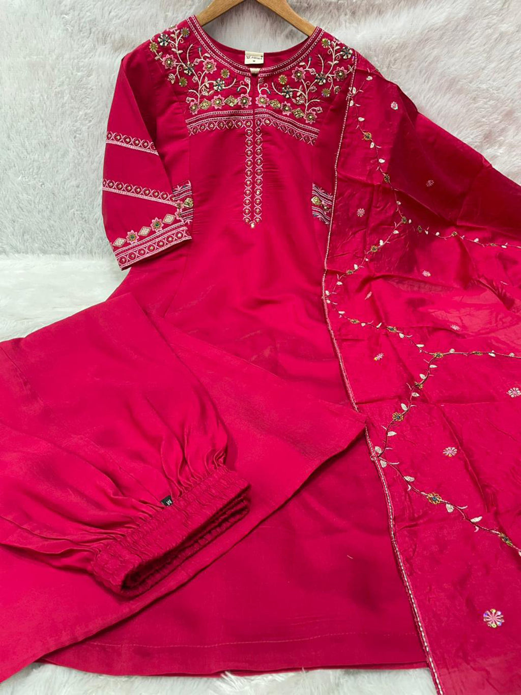 Lorenvalley Fashion Ranipink Viscose Mango Silk Multi Embroidery Thread with Hand Work Kurta Palazzo Dupatta | Grocsy