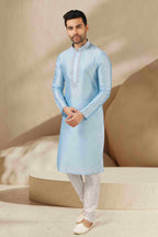Raivat Ethnic Banarasi Art Silk Mirror Work Kurta Pajama In Sky Blue Colour | Grocsy
