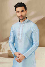 Raivat Ethnic Banarasi Art Silk Mirror Work Kurta Pajama In Sky Blue Colour | Grocsy