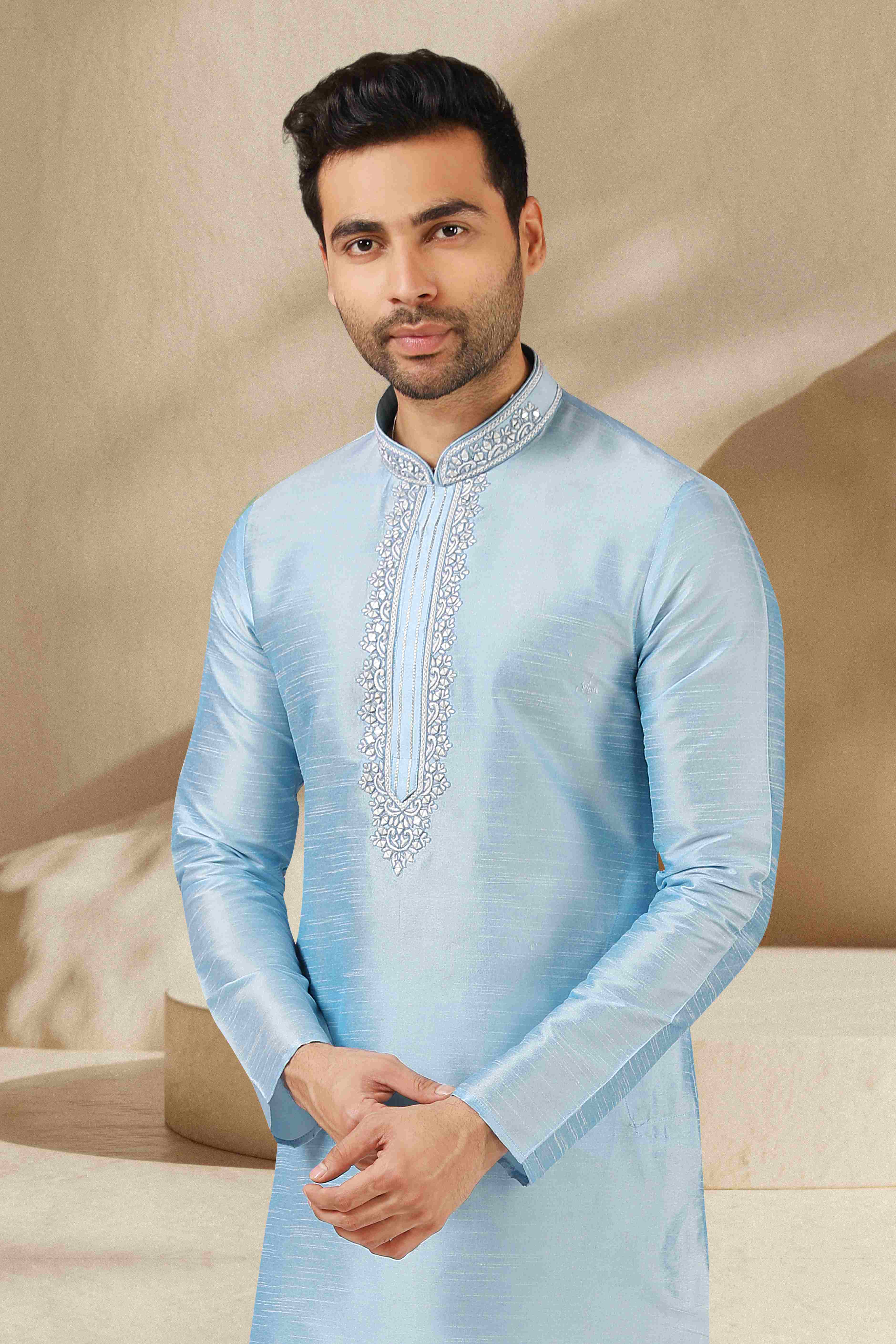 Raivat Ethnic Banarasi Art Silk Mirror Work Kurta Pajama In Sky Blue Colour | Grocsy