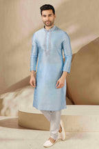 Raivat Ethnic Banarasi Art Silk Mirror Work Kurta Pajama In Sky Blue Colour | Grocsy