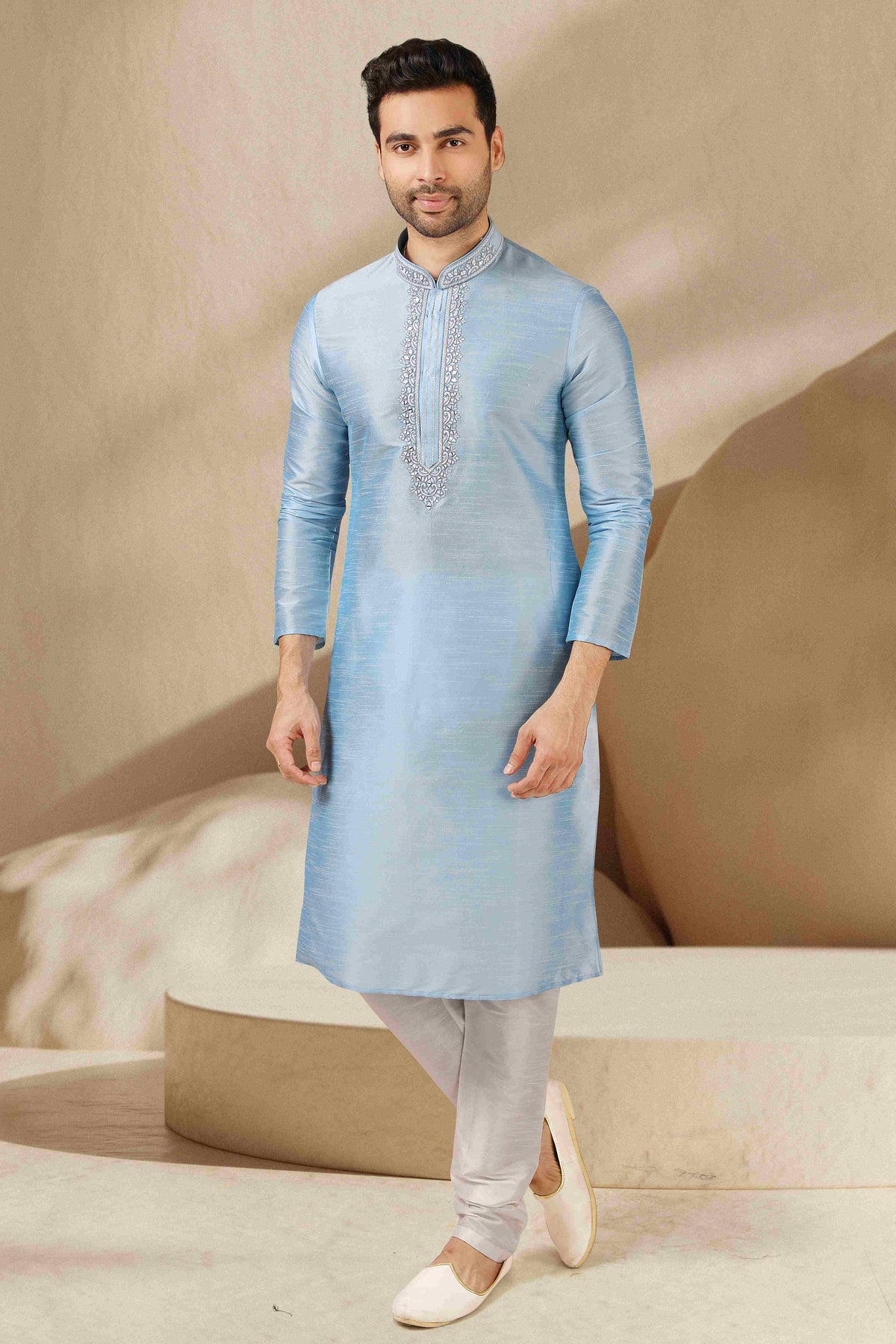 Raivat Ethnic Banarasi Art Silk Mirror Work Kurta Pajama In Sky Blue Colour | Grocsy
