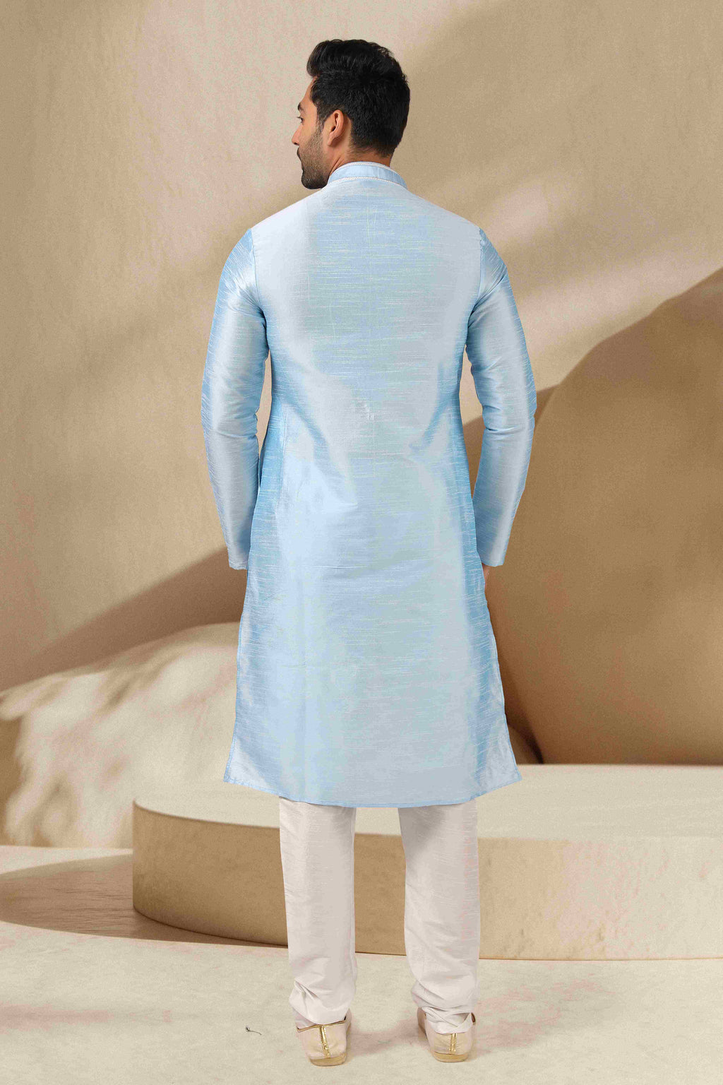 Raivat Ethnic Banarasi Art Silk Mirror Work Kurta Pajama In Sky Blue Colour | Grocsy