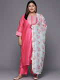Sztori Plus Size Ethnic Yoke Design Regular Chanderi Silk Kurta & Trousers With Dupatta | Grocsy