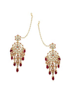 Anikas Creation Red & Gold-Polished Kundan Contemporary Chandbalis With Ear Chain Earrings | Grocsy