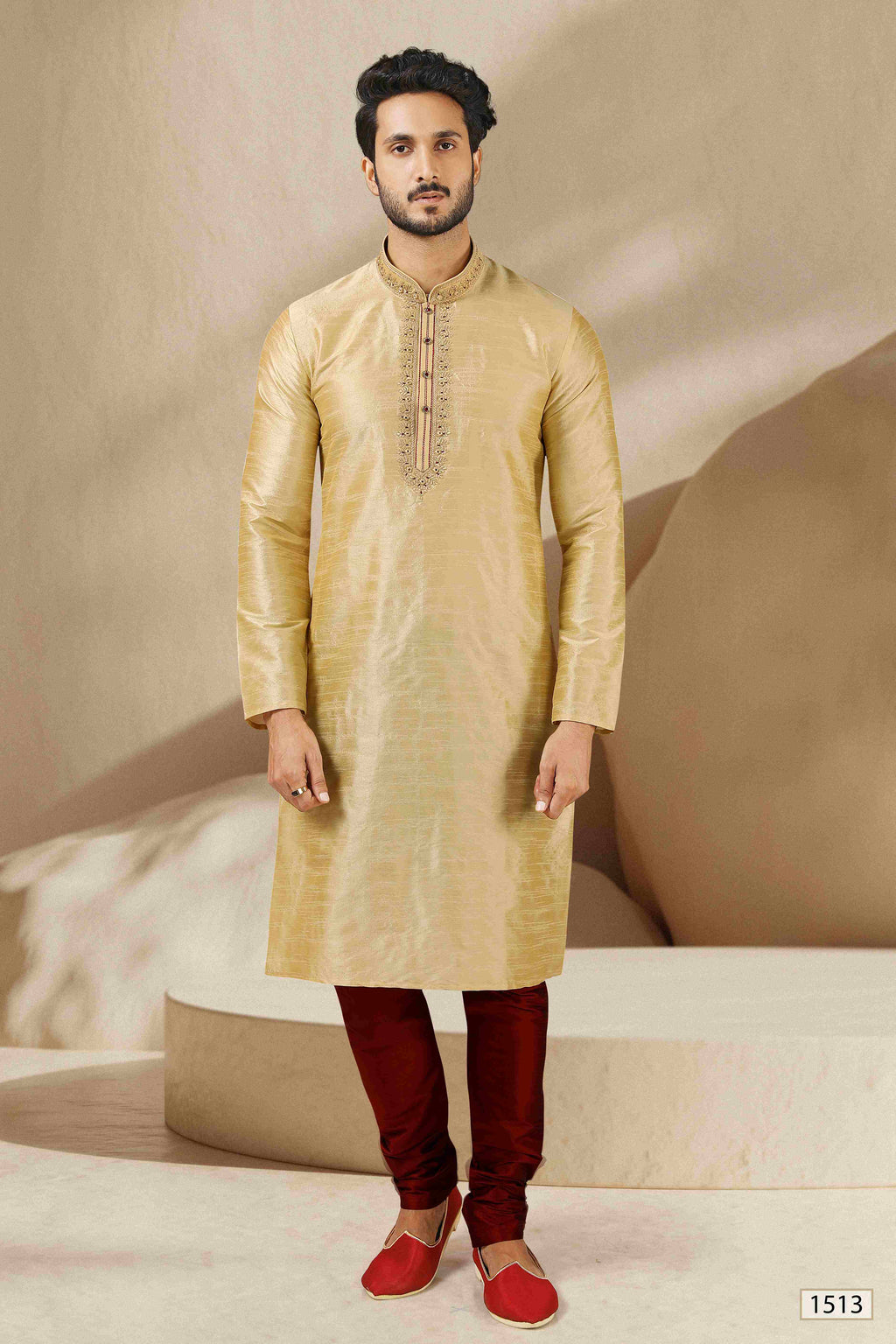 Raivat Ethnic Banarasi Art Silk Mirror Work Kurta Pajama In Beige Gold Colour | Grocsy