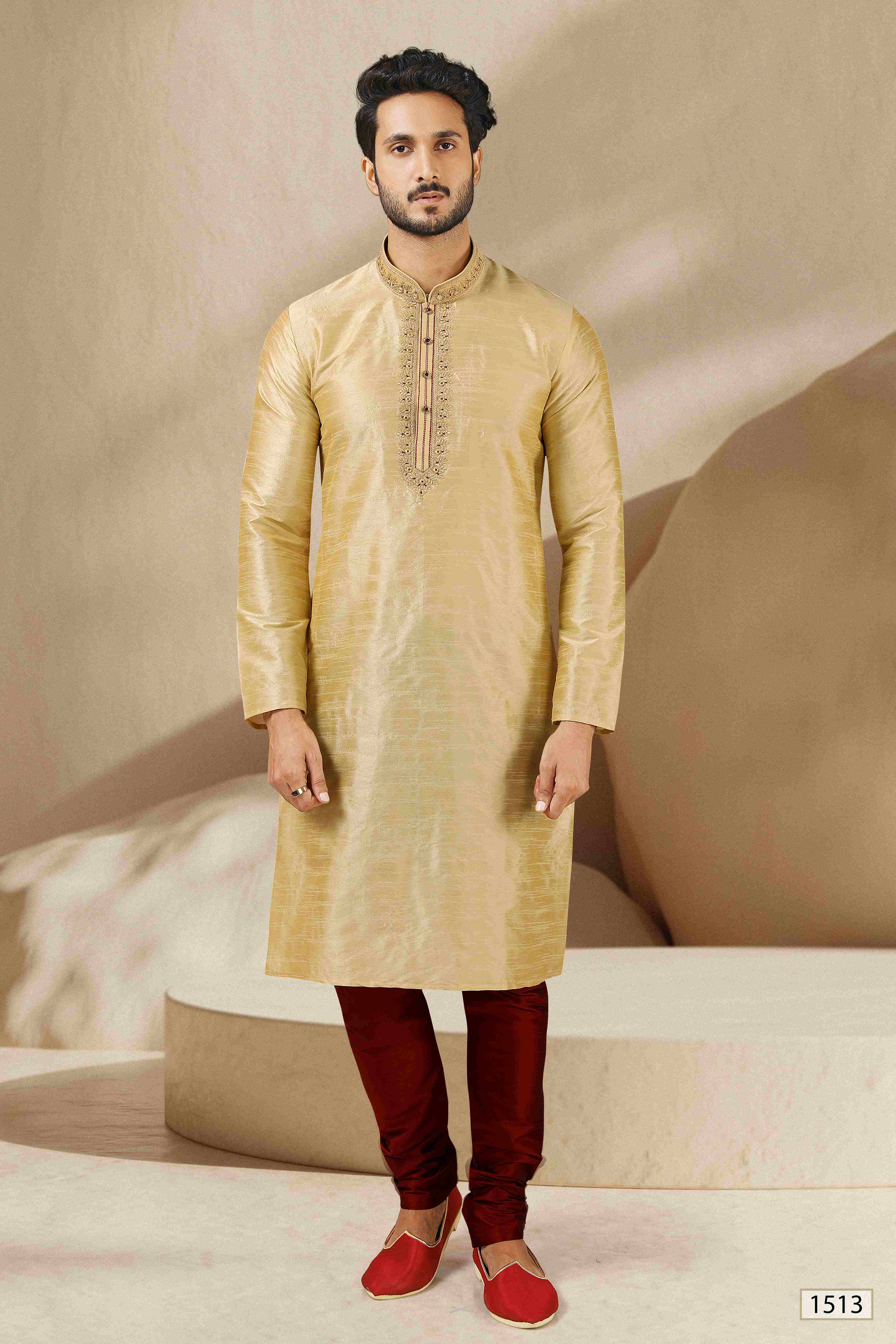 Raivat Ethnic Banarasi Art Silk Mirror Work Kurta Pajama In Beige Gold Colour | Grocsy