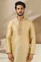 Raivat Ethnic Banarasi Art Silk Mirror Work Kurta Pajama In Beige Gold Colour | Grocsy