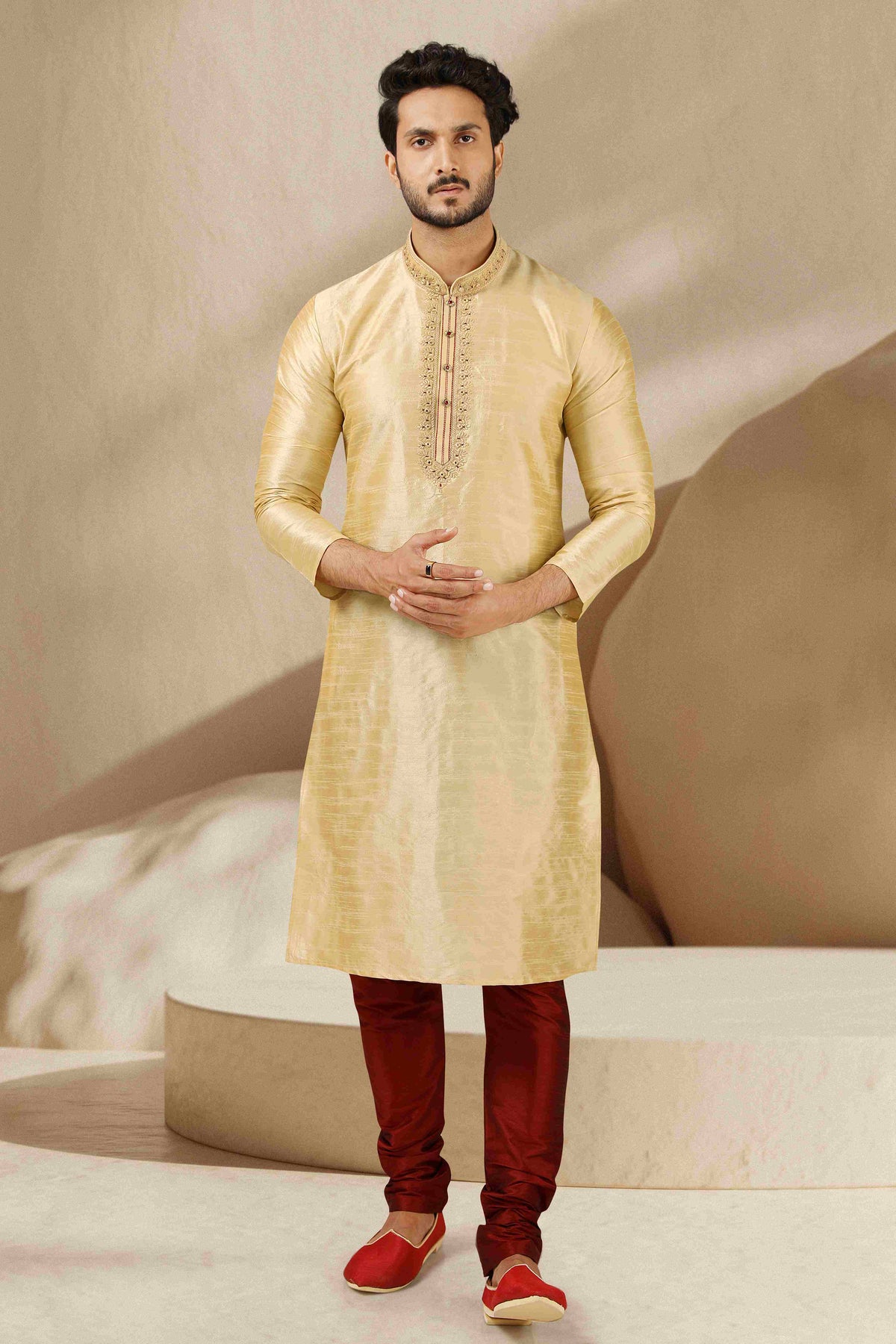 Raivat Ethnic Banarasi Art Silk Mirror Work Kurta Pajama In Beige Gold Colour | Grocsy