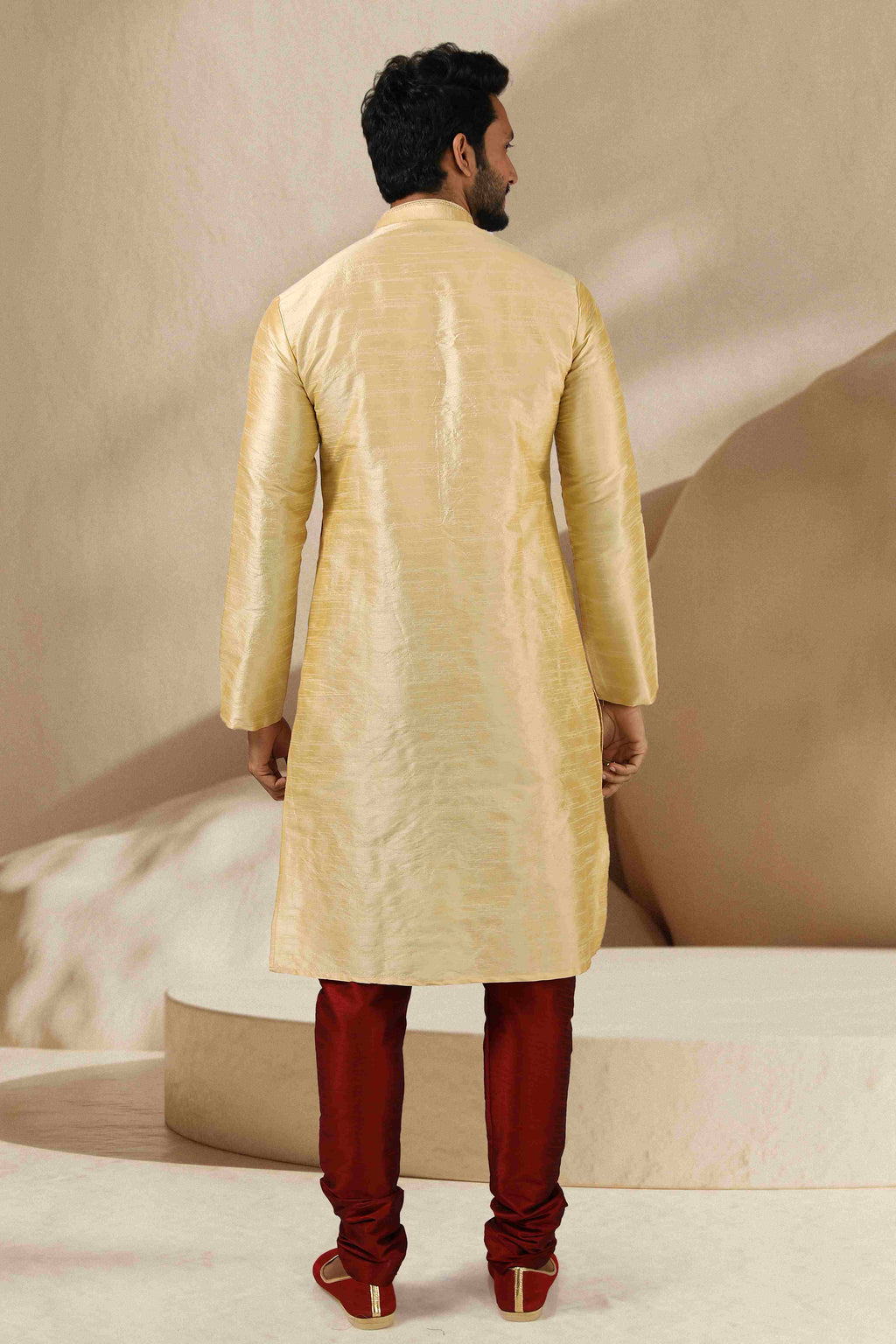 Raivat Ethnic Banarasi Art Silk Mirror Work Kurta Pajama In Beige Gold Colour | Grocsy
