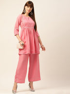 Sangria Peach-Coloured Zari Gotta Patti Pleated A-Line Pure Cotton Kurti With Palazzo | Grocsy