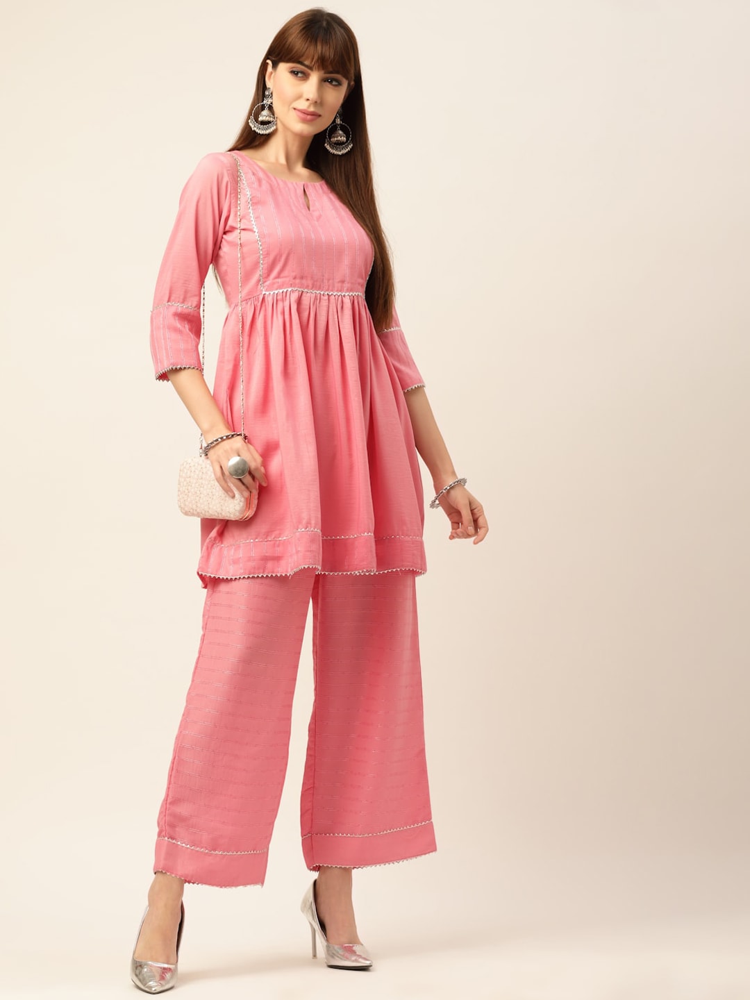 Sangria Peach-Coloured Zari Gotta Patti Pleated A-Line Pure Cotton Kurti With Palazzo | Grocsy