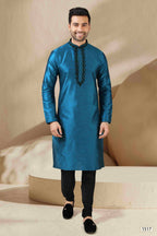 Raivat Ethnic Banarasi Art Silk Mirror Work Kurta Pajama In Teal Colour | Grocsy