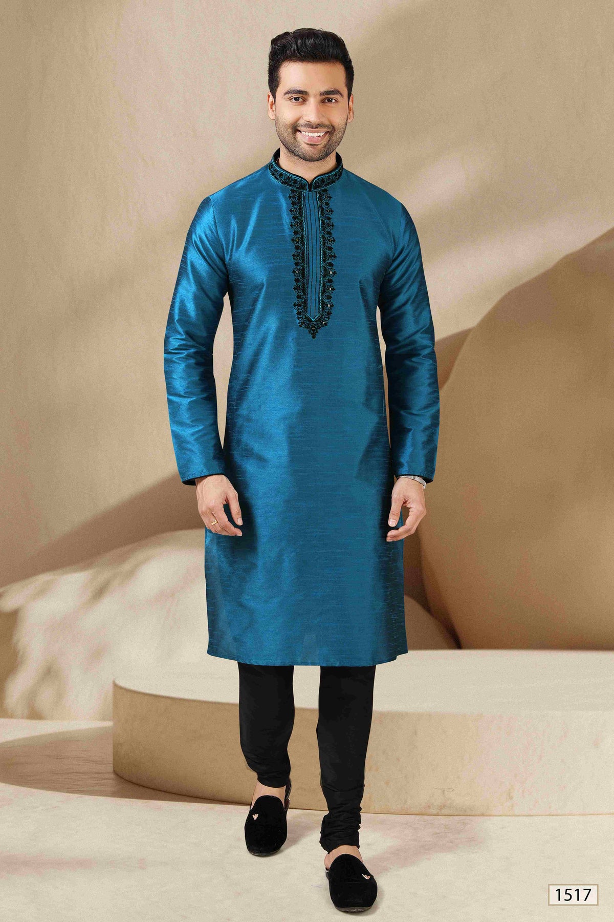Raivat Ethnic Banarasi Art Silk Mirror Work Kurta Pajama In Teal Colour | Grocsy