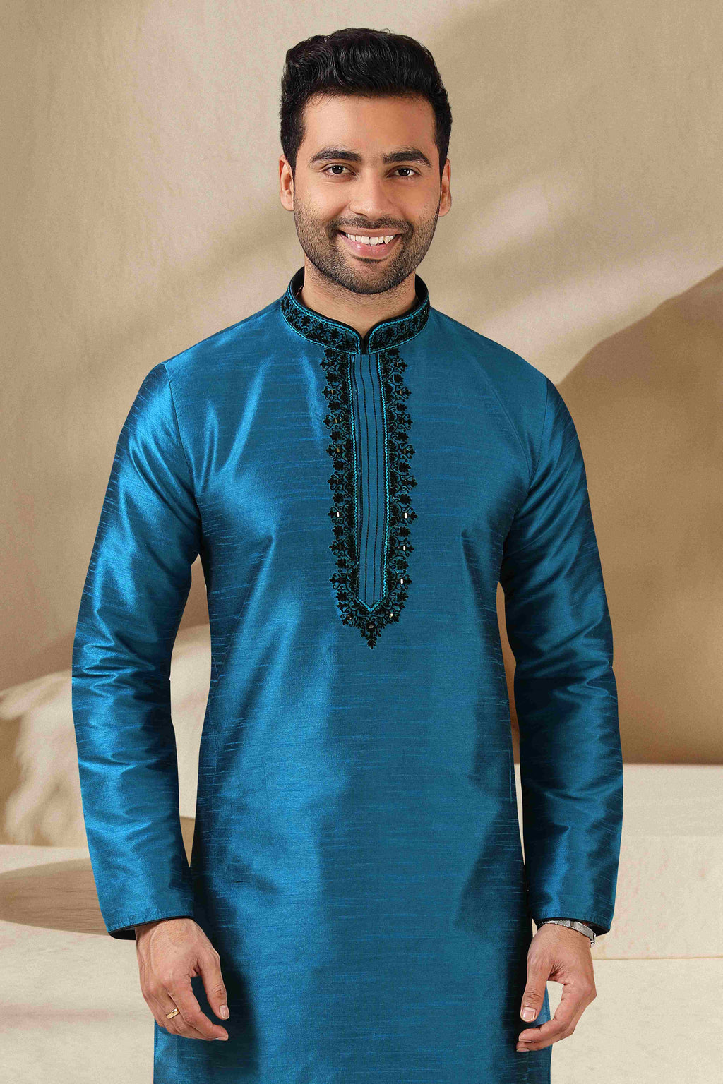 Raivat Ethnic Banarasi Art Silk Mirror Work Kurta Pajama In Teal Colour | Grocsy